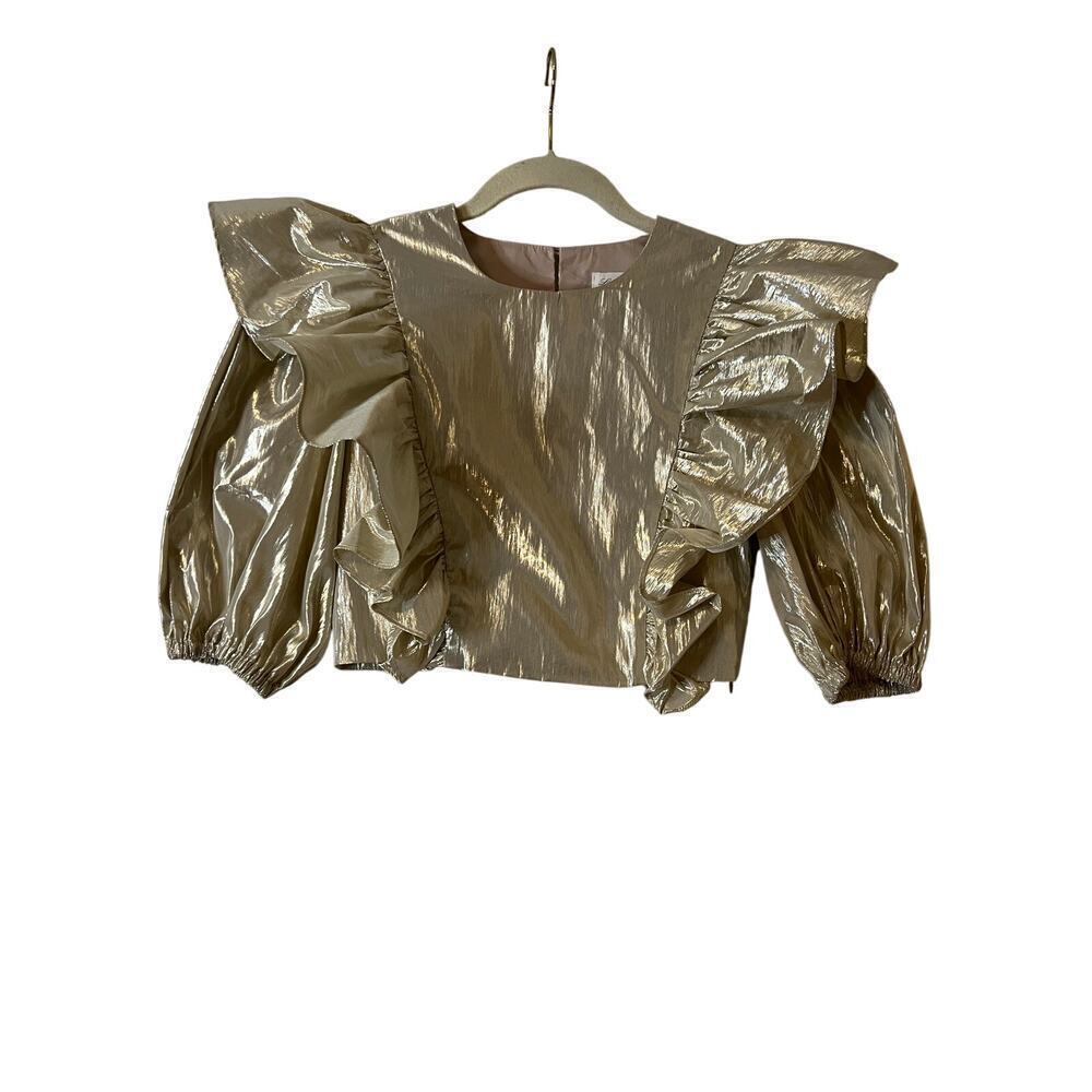 Lovers + Friends Revolve Crop Top Ruffle Metallic Foil Gold Puff Sleeve Sz XS - Picture 4 of 9